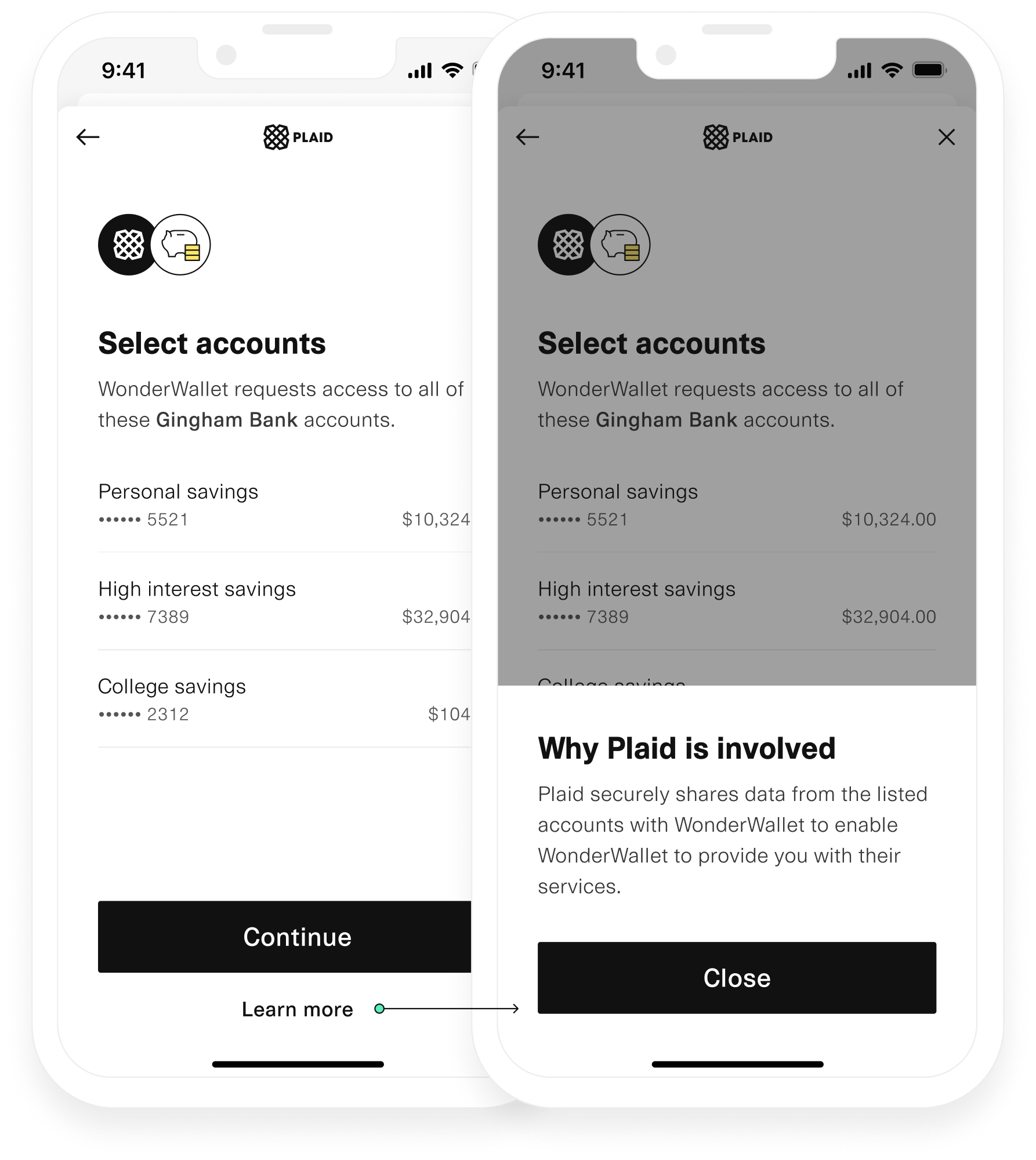 Plaid Link UI showing account selection for Gingham Bank in update mode; includes accounts, balances, and 'Learn more' link.