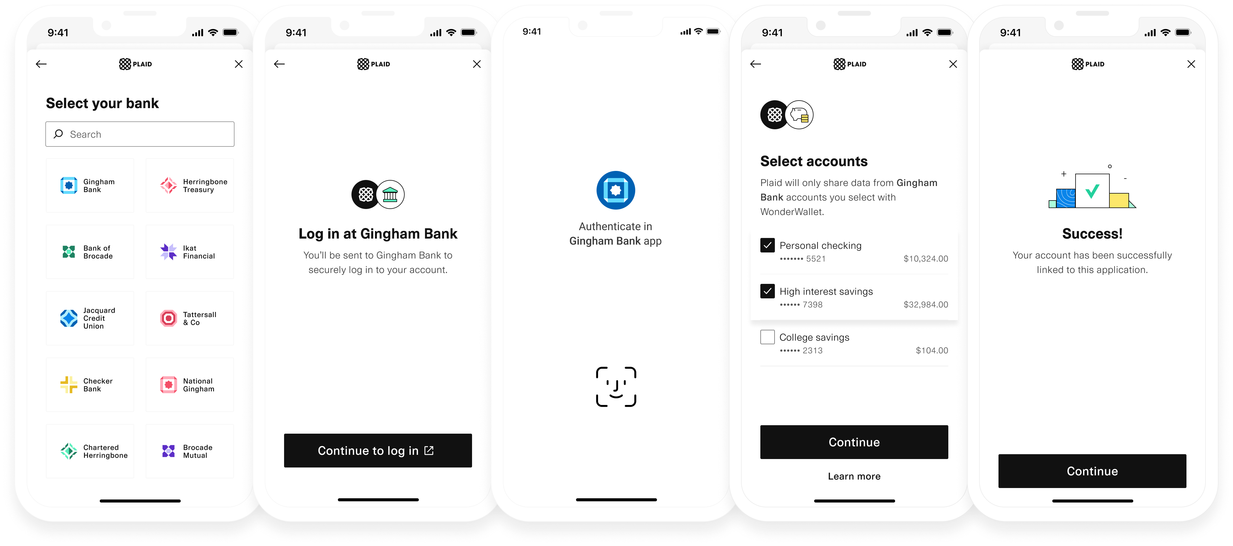 Plaid Link OAuth flow: Select bank, log in at Gingham Bank, authenticate, select accounts to share, account linked successfully.