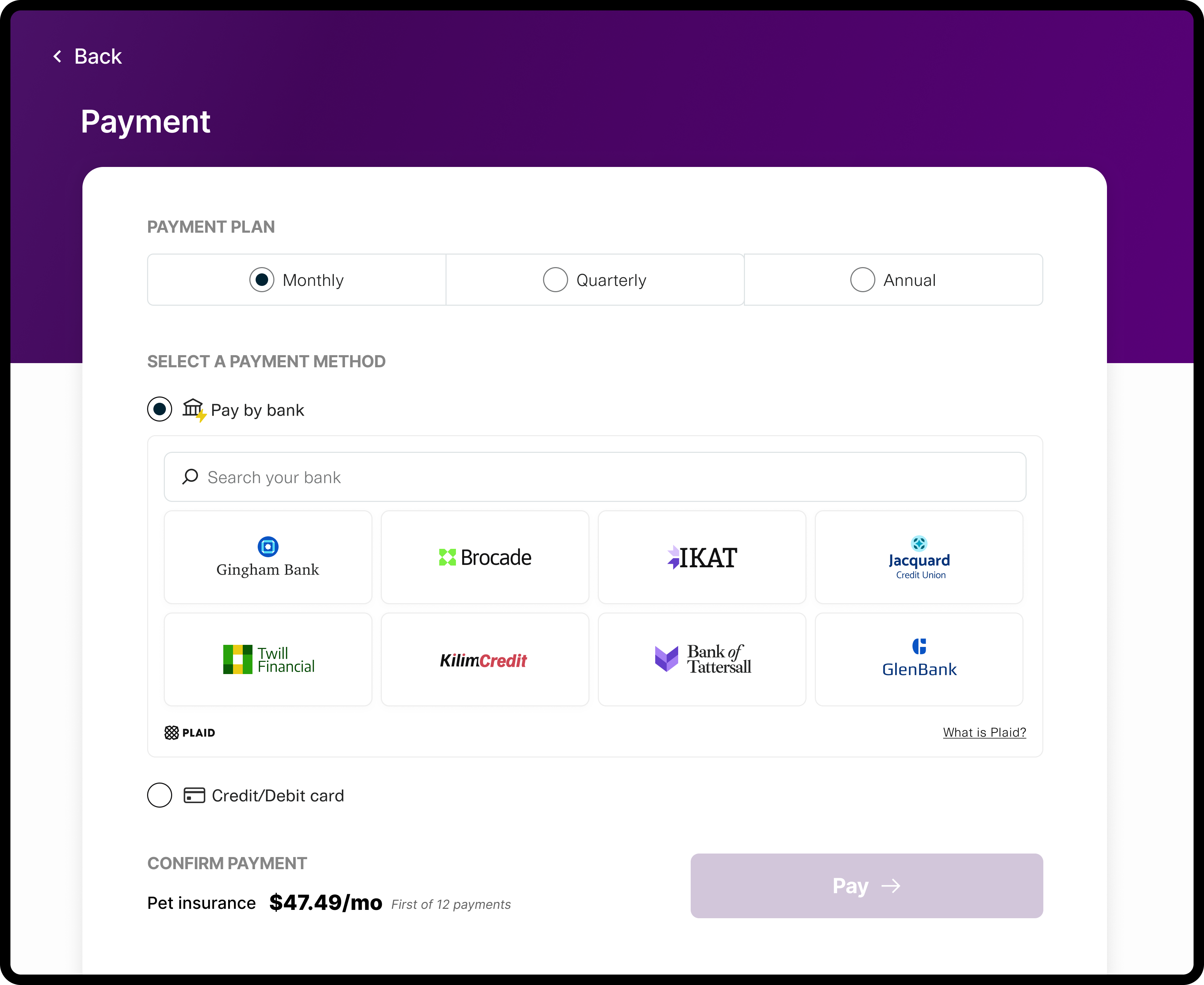Payment options screen with monthly plan selected, pay by bank method, search bar, and bank logos. Pay button at the bottom.