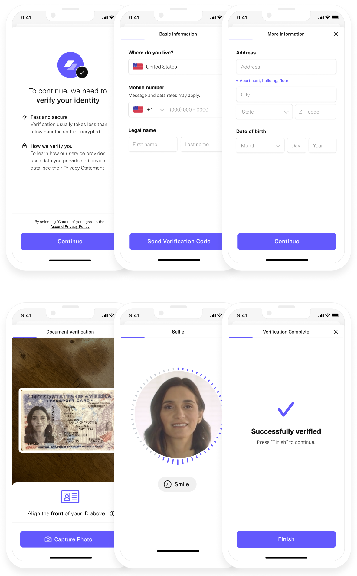 Plaid Link Identity Verification process showing steps: enter basic info, address, ID upload, selfie capture, and verification success.