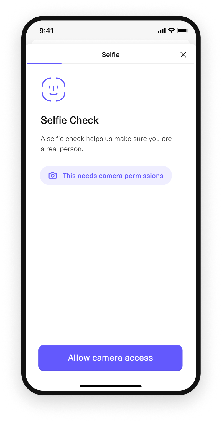 With Selfie Check enabled, the user grants camera access...