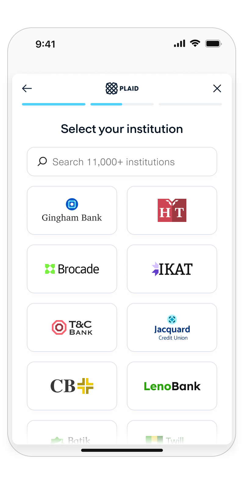 In an OAuth flow, the user selects their financial institution...