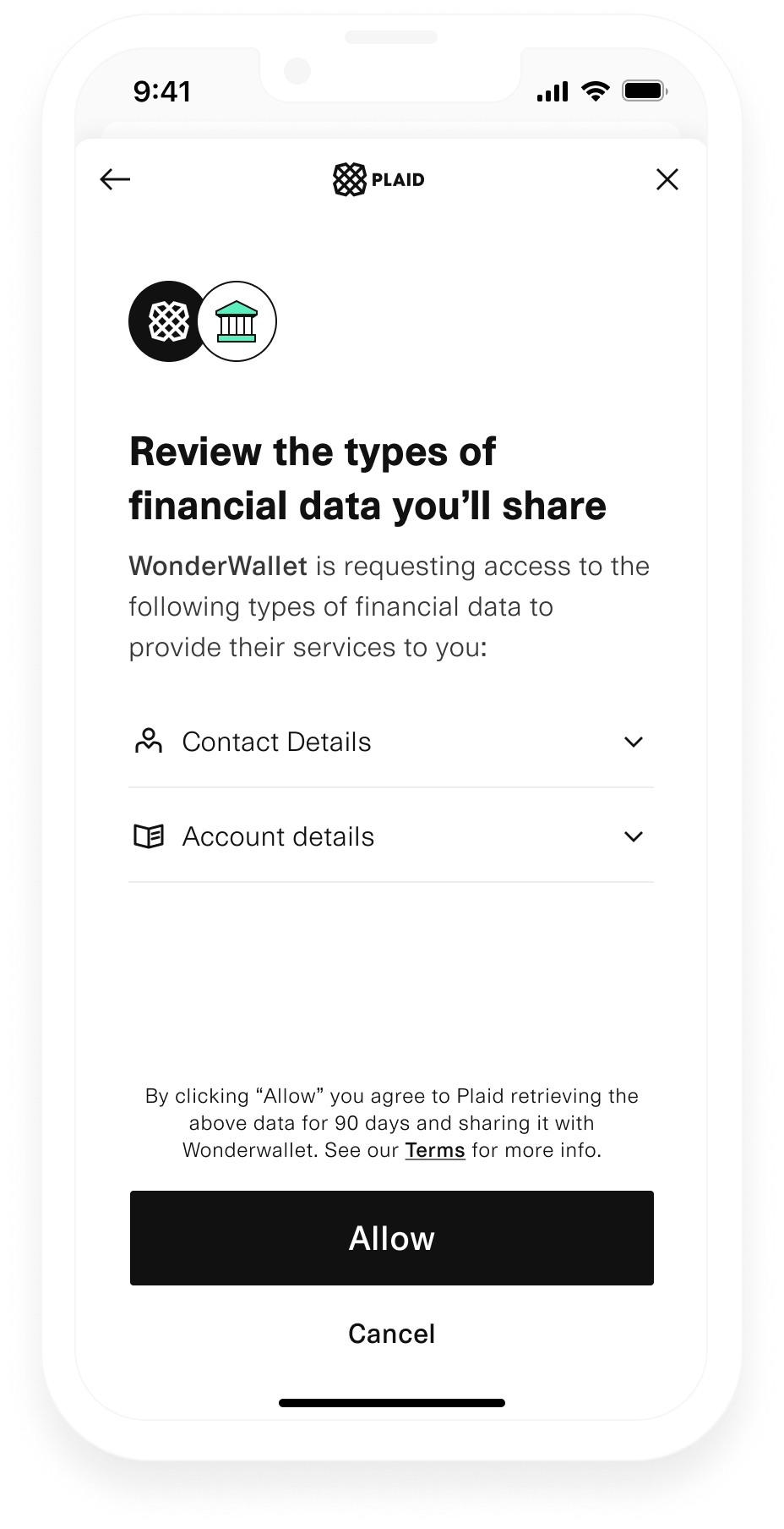 Plaid data sharing consent screen, listing Contact and Account details. Buttons: Allow, Cancel. Terms link present.