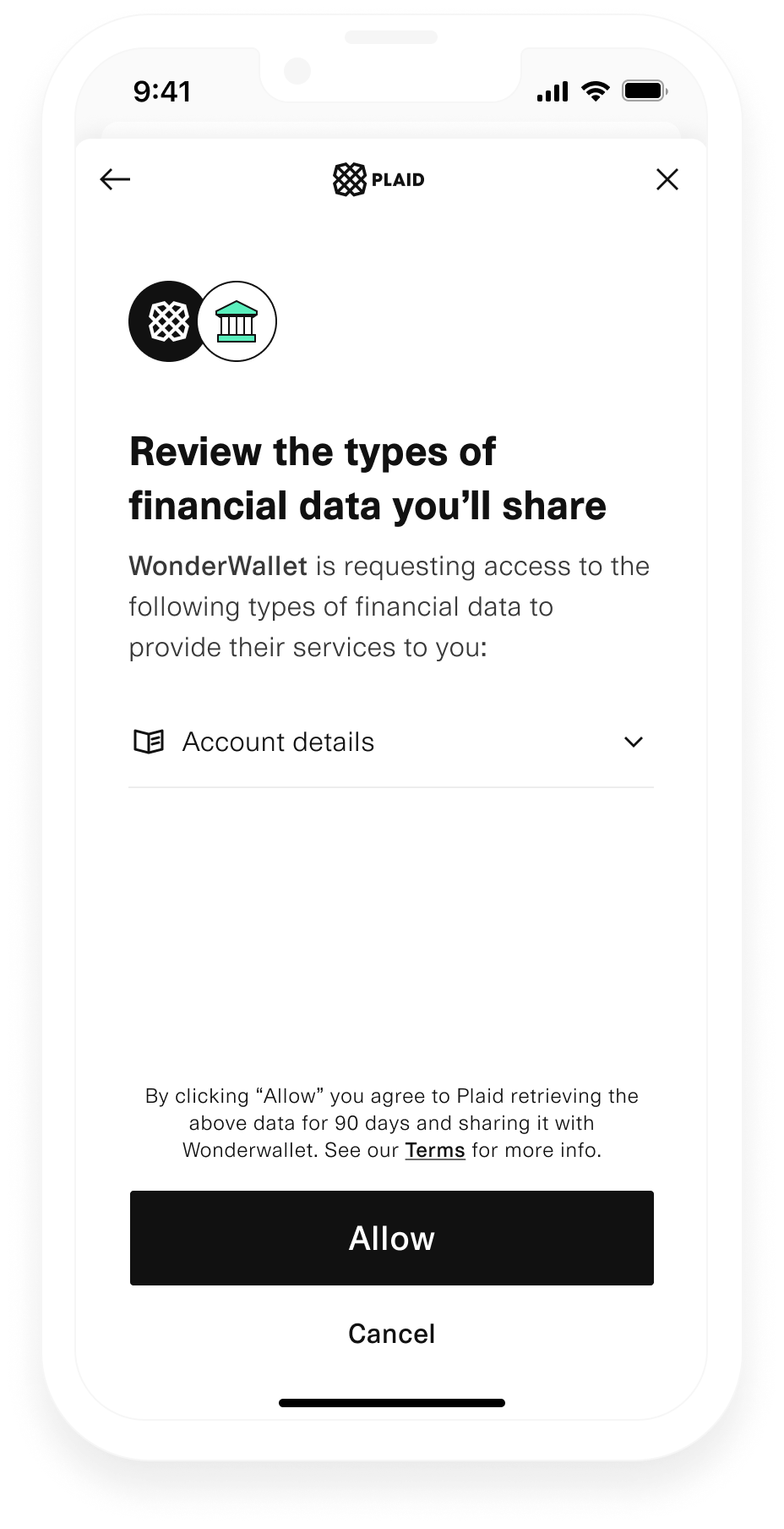 Plaid consent screen for sharing financial data with WonderWallet, featuring an 'Allow' button and 'Account details' section.