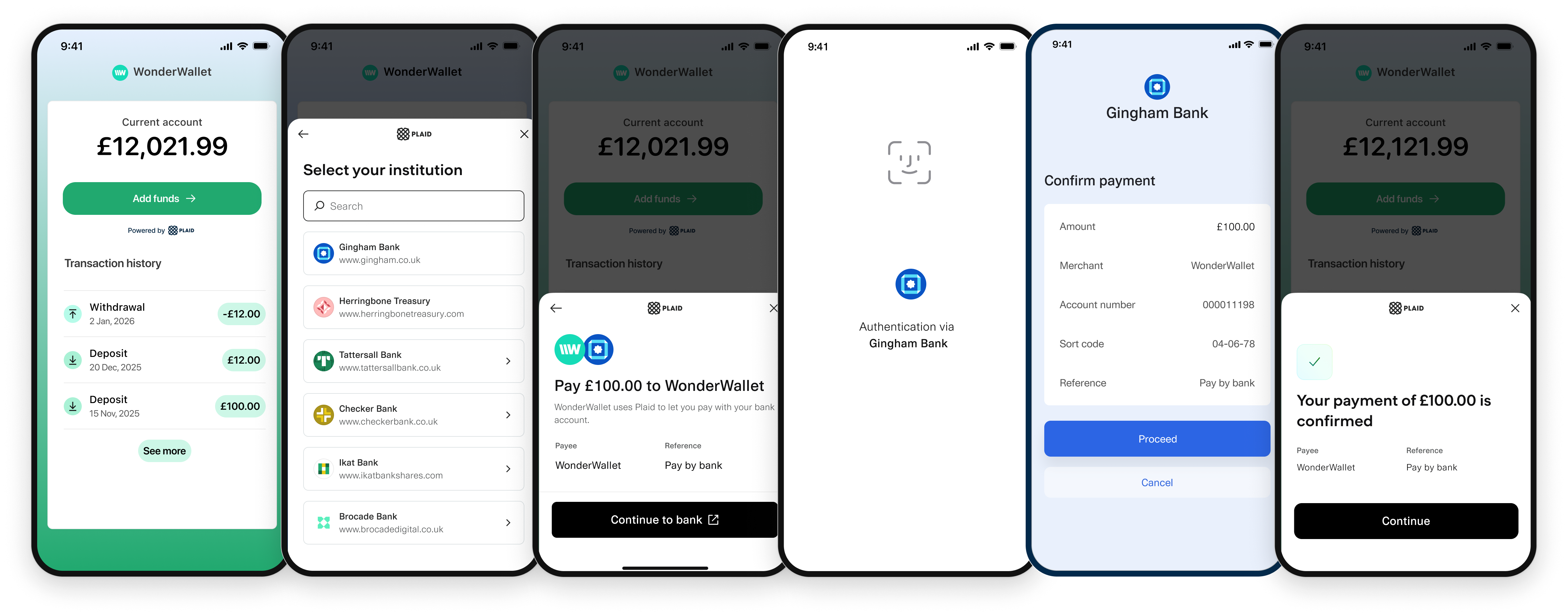 Plaid Link payment flow: View payment details, select bank, authenticate with bank, payment confirmation with bank and transaction info.