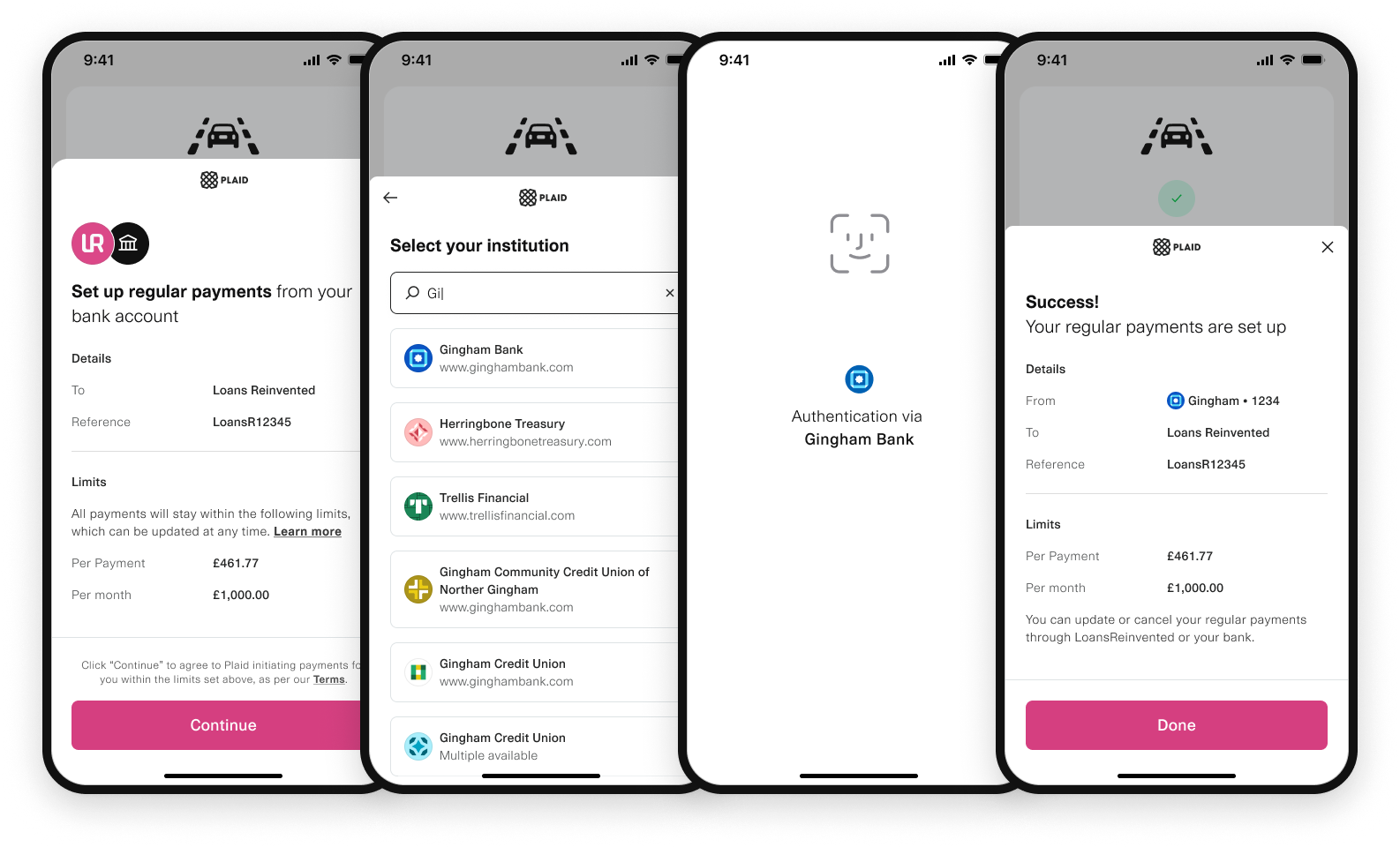 Plaid Link VRP setup showing bank selection, authentication, and success confirmation for recurring payments.