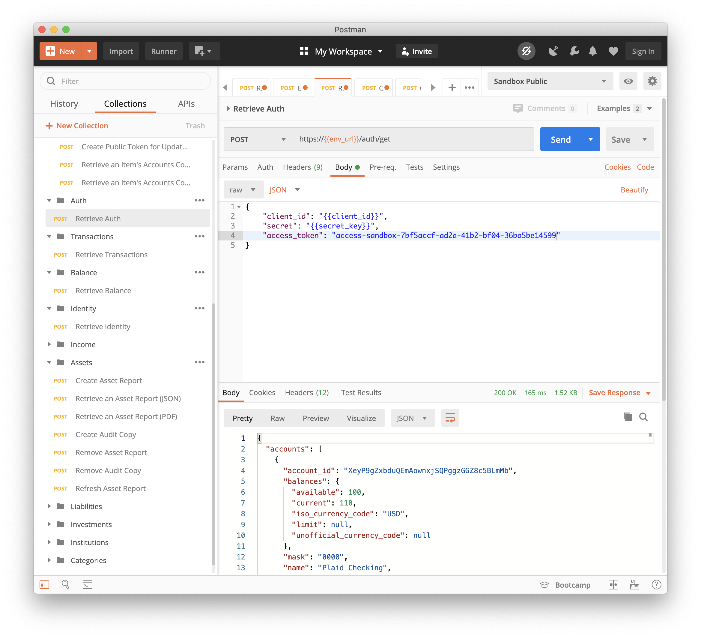 Postman interface showing Plaid API call setup for 'Retrieve Auth' with JSON body and response displaying account details.