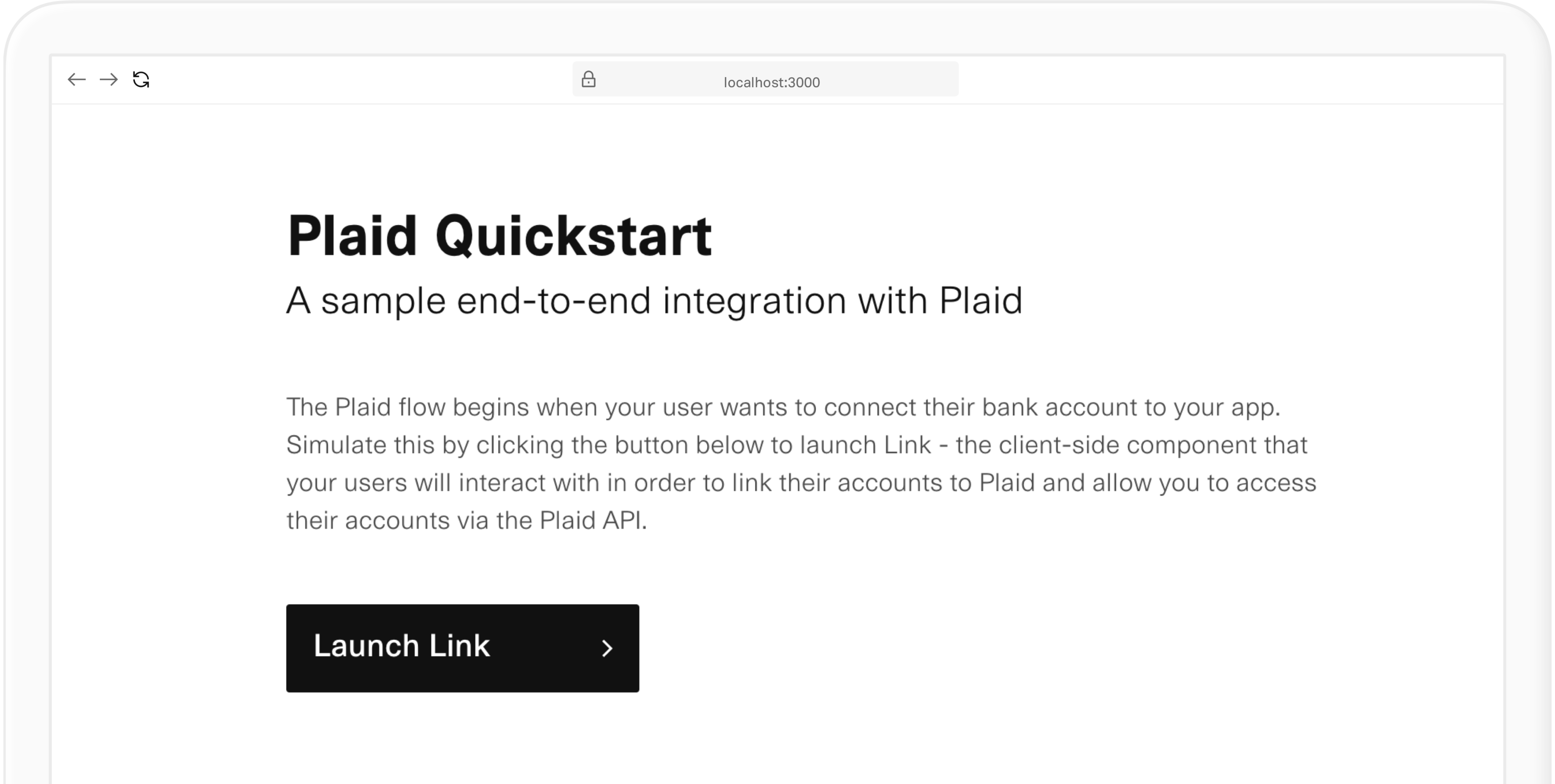 Plaid Quickstart guide with 'Launch Link' button to simulate user bank account integration.
