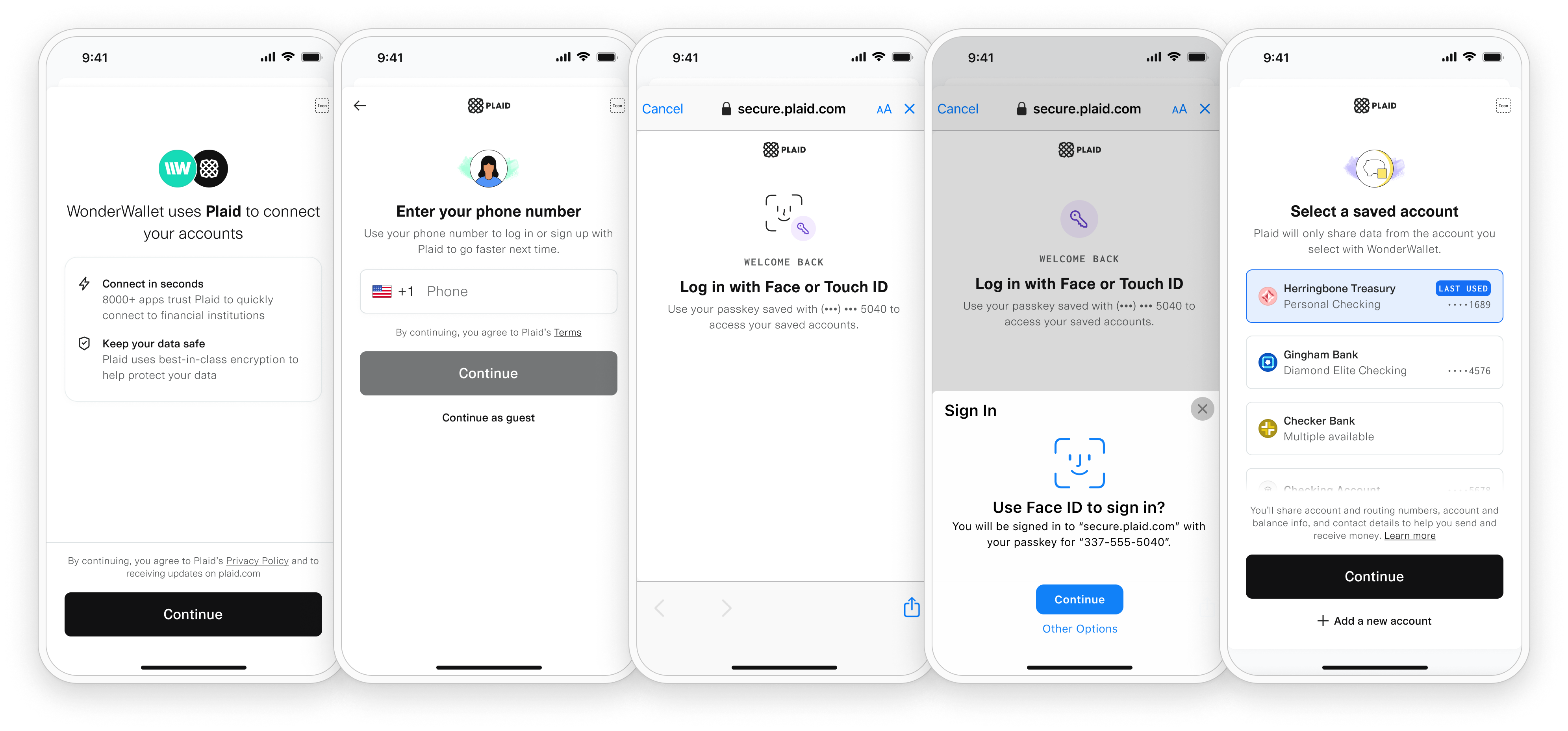 Plaid passkey flow for returning users: Connect with customer app, input phone, log in with Face/Touch ID, select saved account.