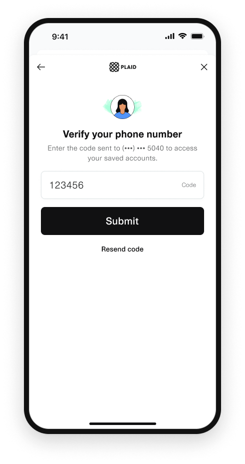 Plaid does not recognize this number as one that's connected to Plaid before, but the user is still prompted to confirm their number through an SMS code.