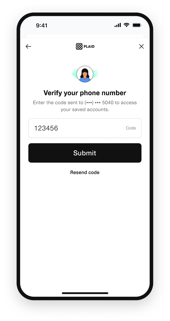 Plaid recognizes this number as one that's connected to Plaid before, and asks the user to confirm a code sent by SMS.