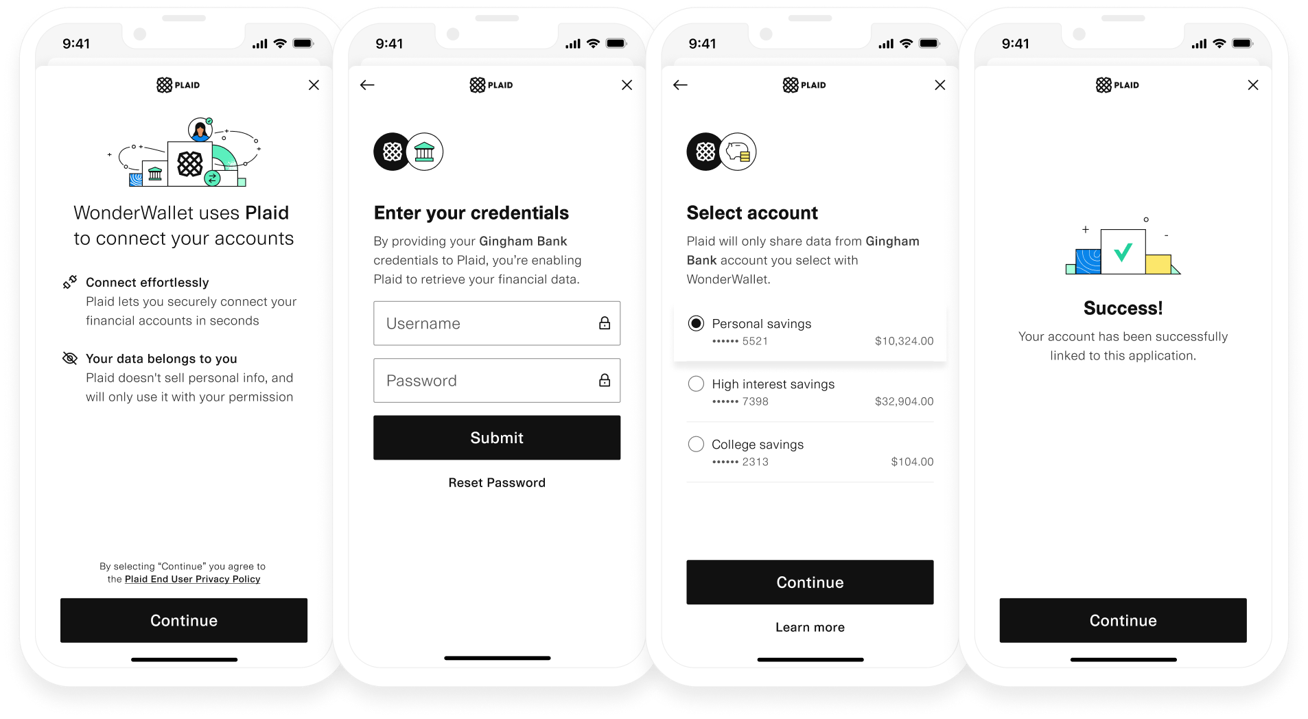 Plaid Link update mode: Connect account, enter credentials, select account, and see success confirmation screen.